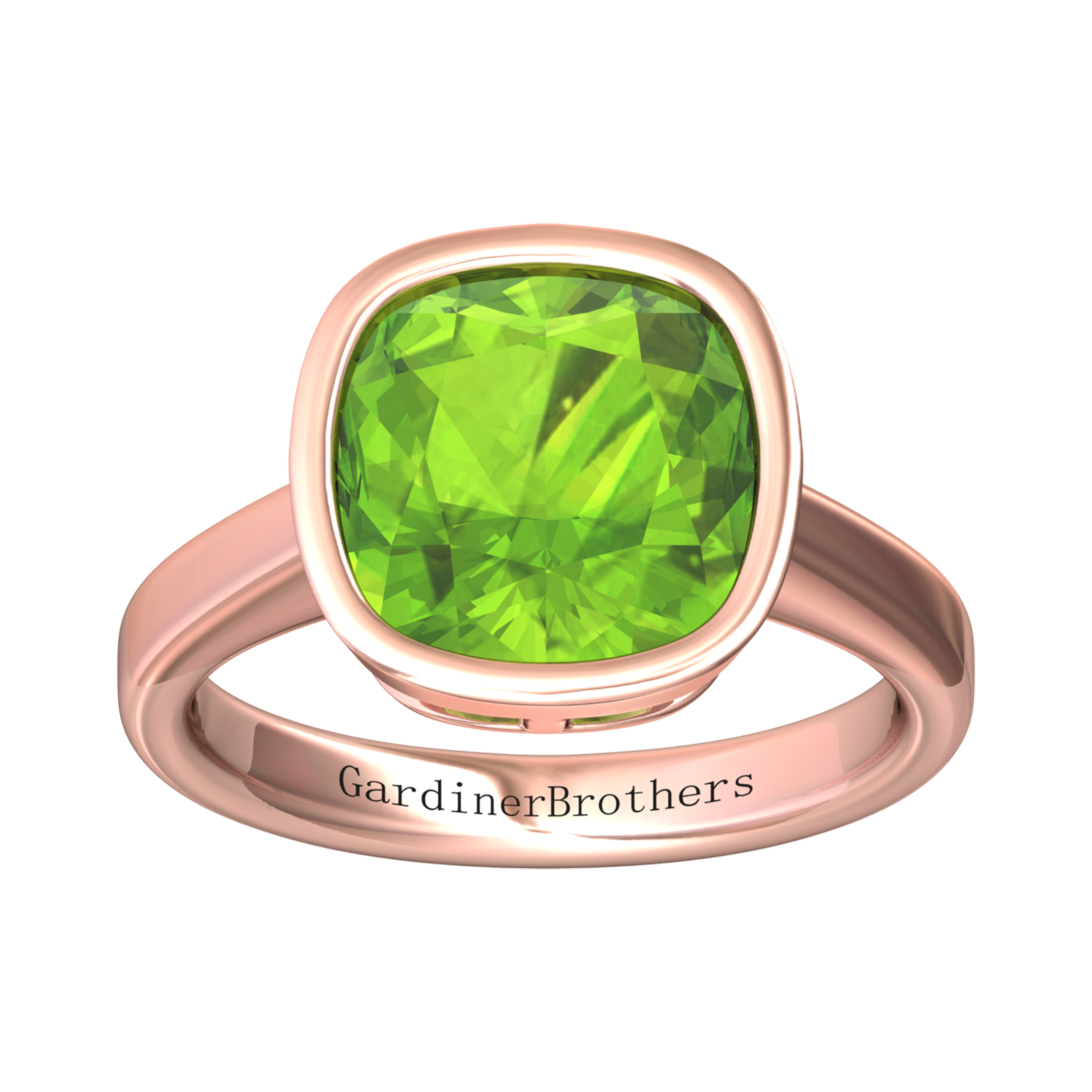 Nova cushion shaped Peridot ring set in a plain bezel setting Gardiner Brothers