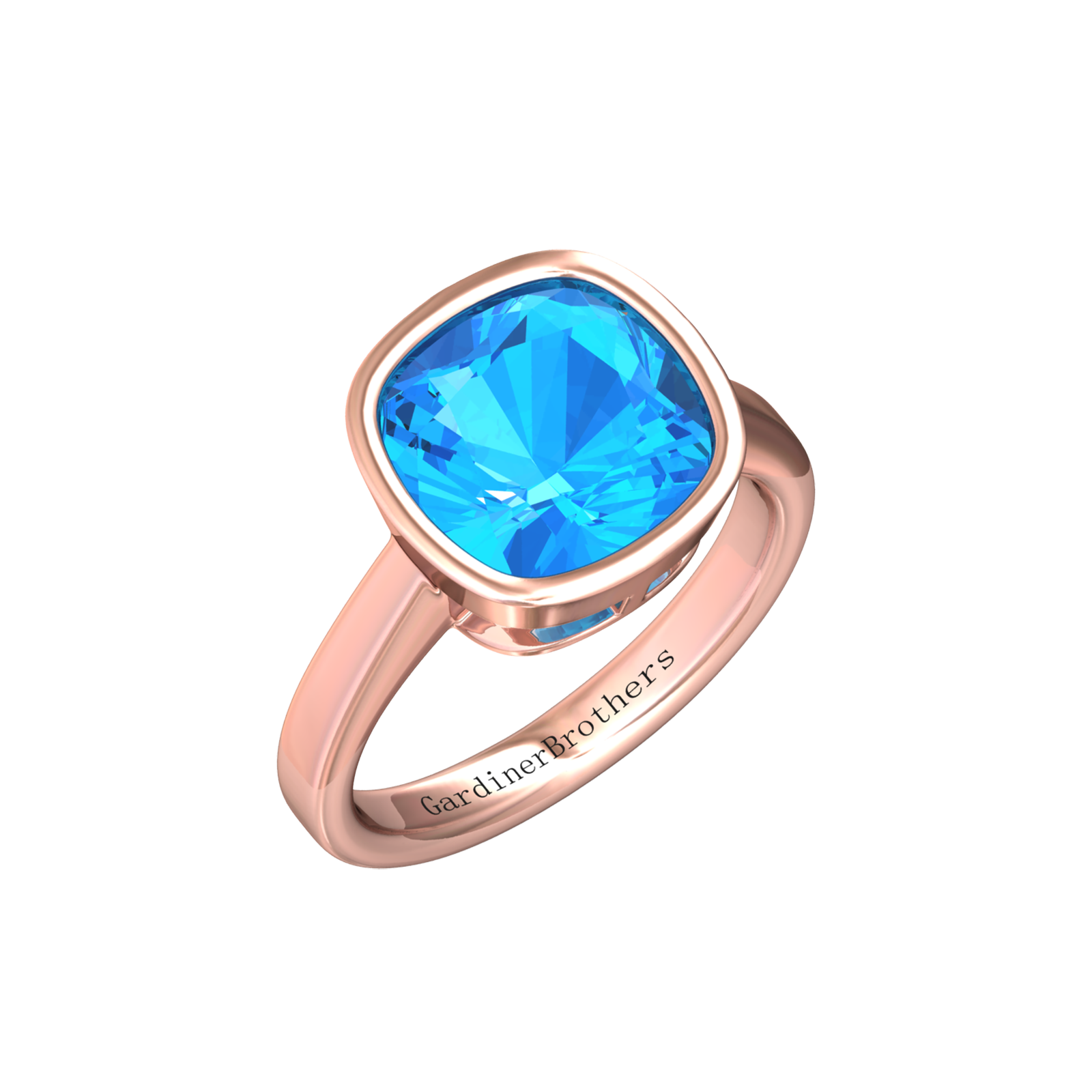 Nova cushion shaped Swiss Blue Topaz ring set in a plain bezel setting Gardiner Brothers Rose Gold