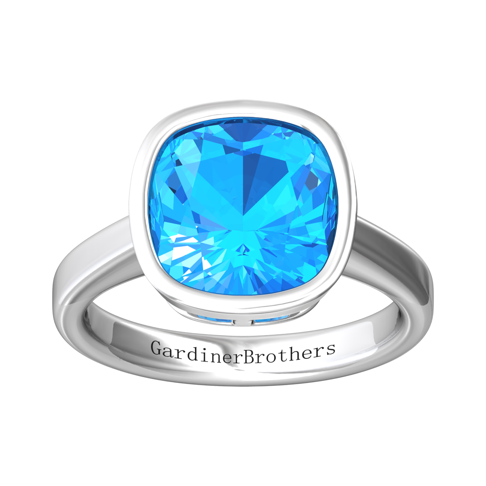 Nova cushion shaped Swiss Blue Topaz ring set in a plain bezel setting Gardiner Brothers