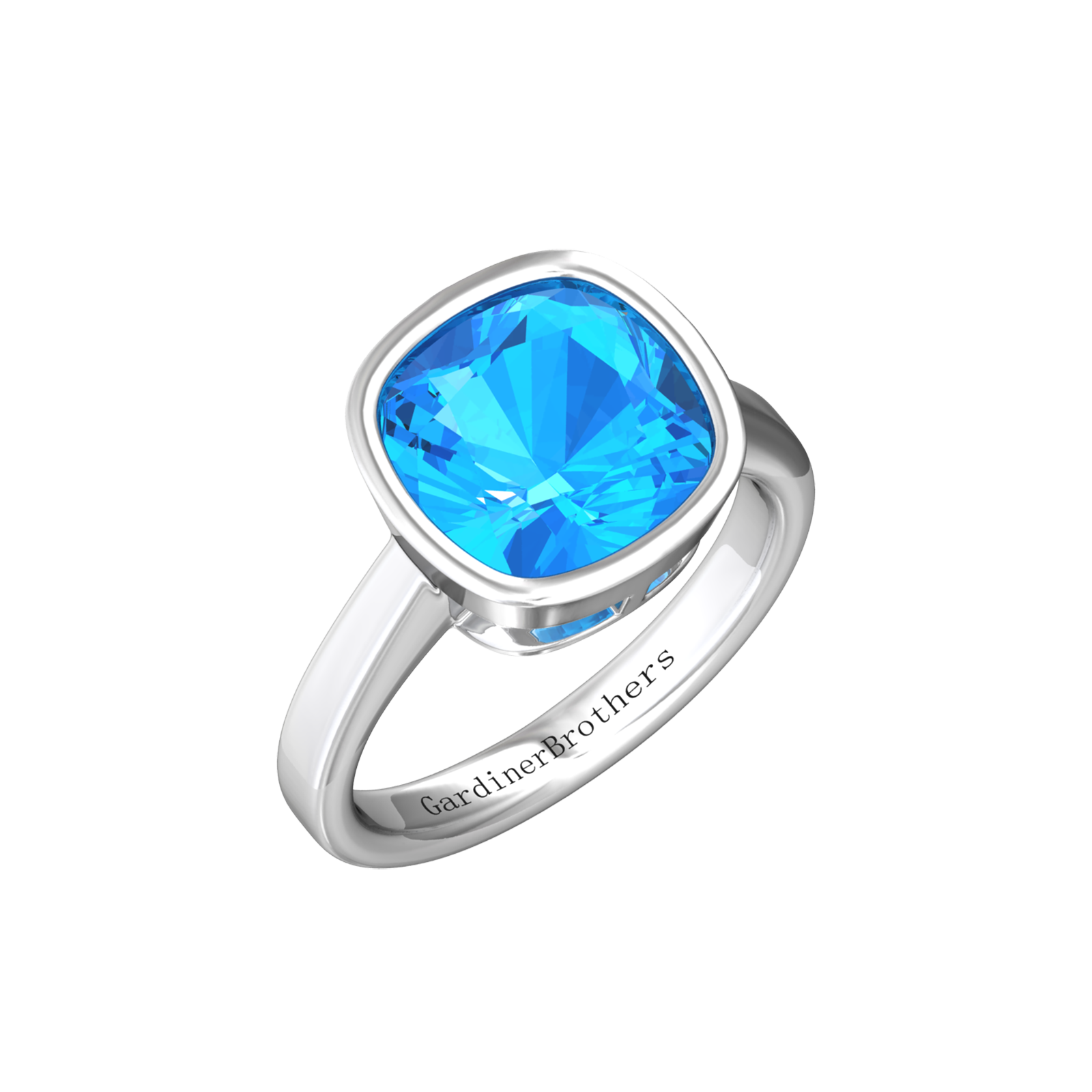 Nova cushion shaped Swiss Blue Topaz ring set in a plain bezel setting Gardiner Brothers White Gold