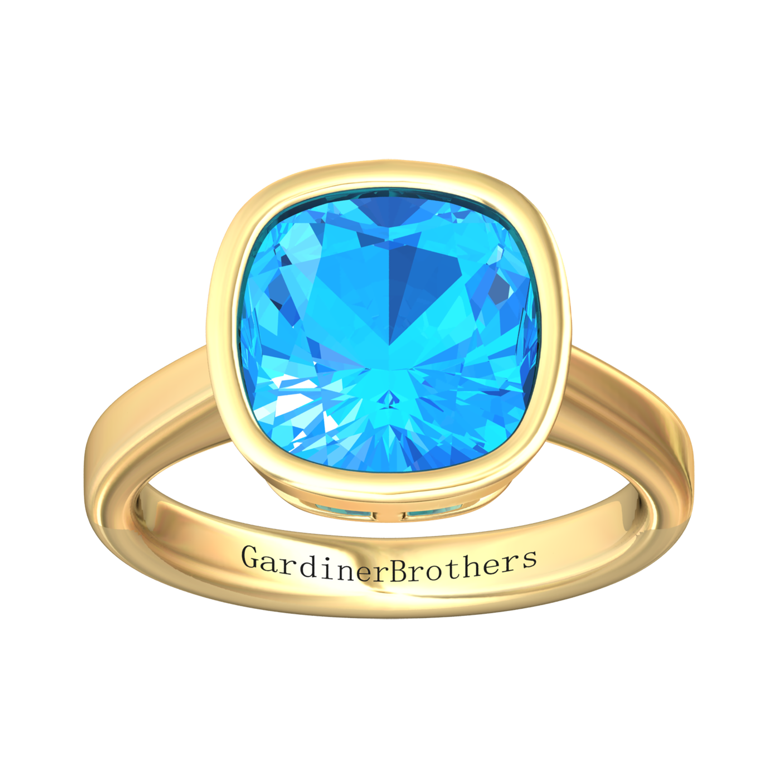 Nova cushion shaped Swiss Blue Topaz ring set in a plain bezel setting Gardiner Brothers