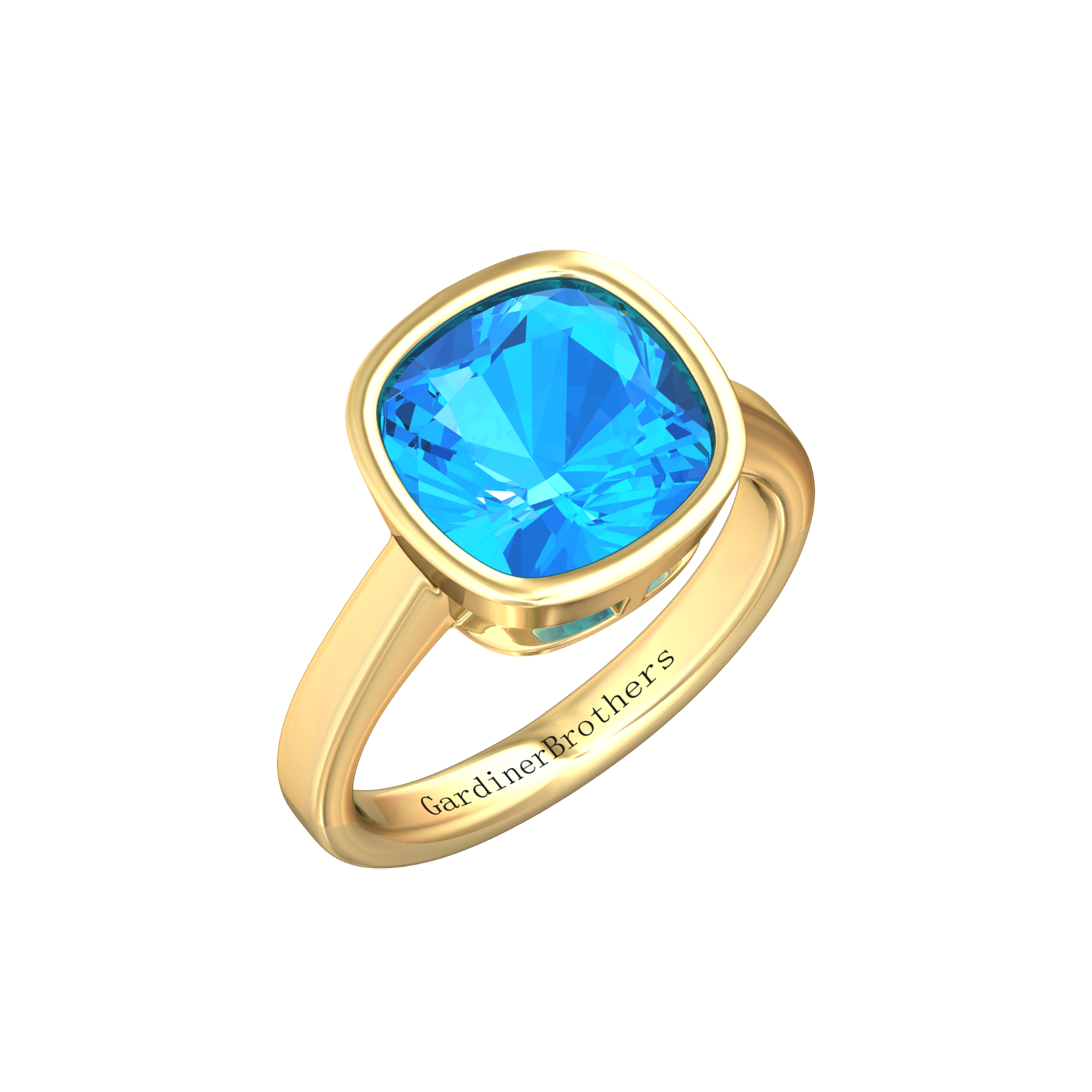 Nova cushion shaped Swiss Blue Topaz ring set in a plain bezel setting Gardiner Brothers Yellow Gold
