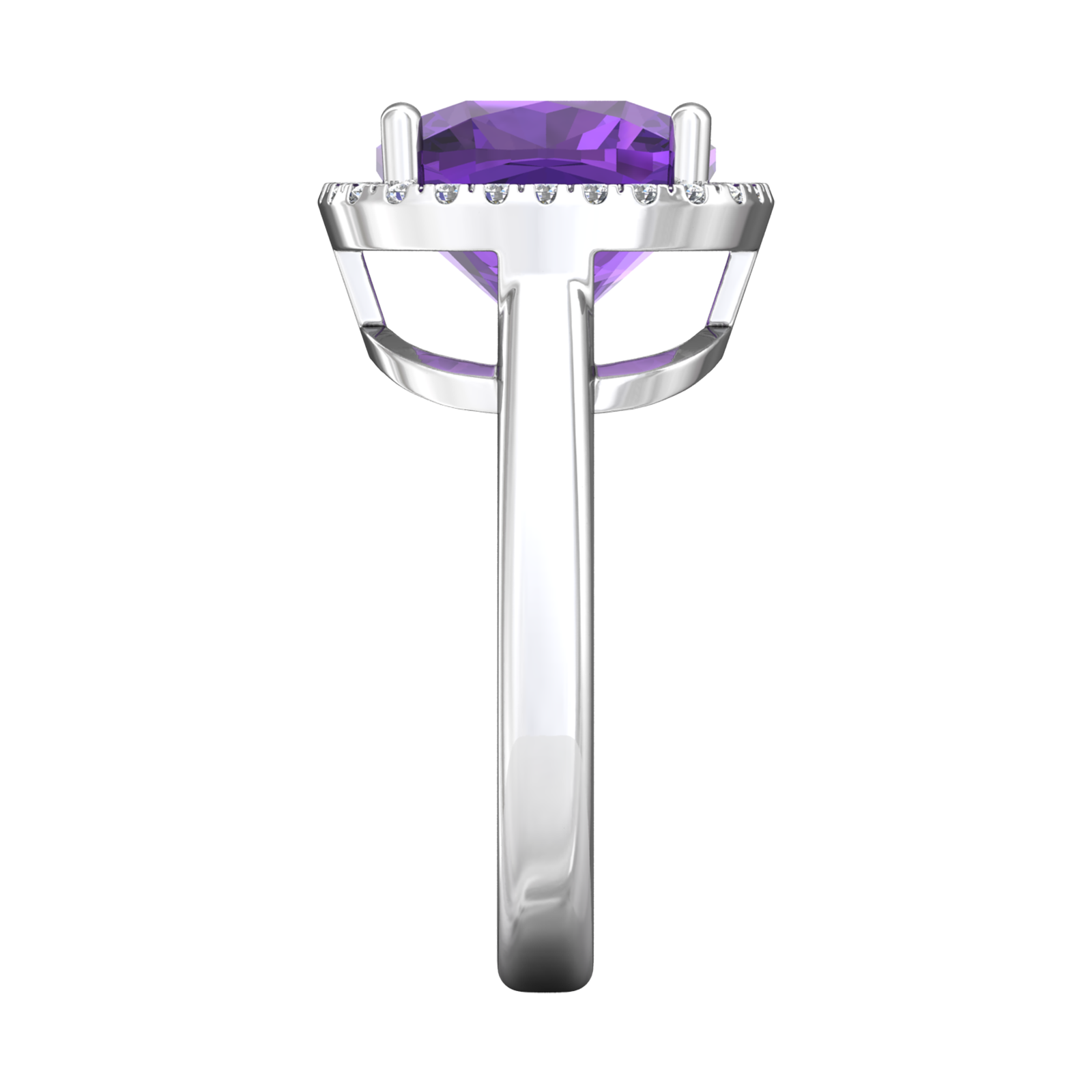 Nova cushion shaped Amethyst ring with a halo of diamonds Gardiner Brothers