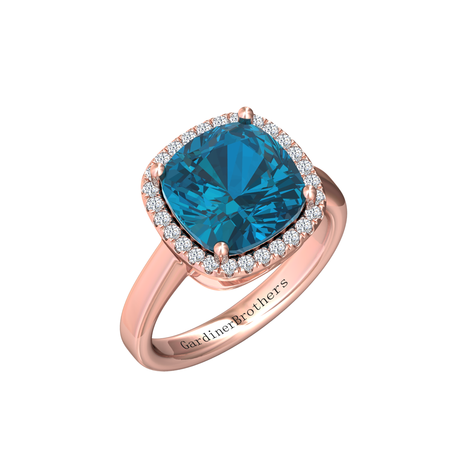 Nova cushion shaped London Blue Topaz ring with a halo of diamonds Gardiner Brothers Rose Gold