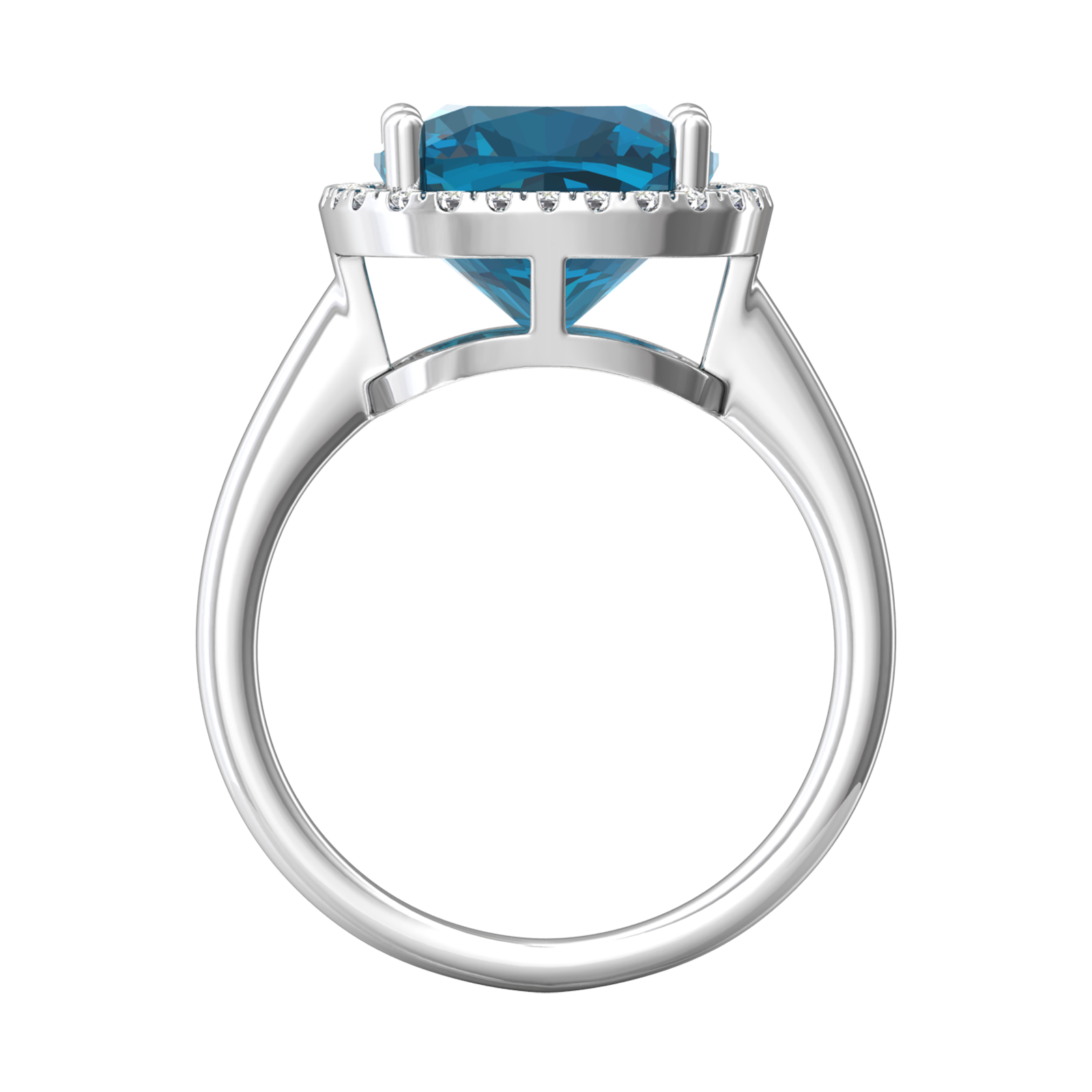 Nova cushion shaped London Blue Topaz ring with a halo of diamonds Gardiner Brothers