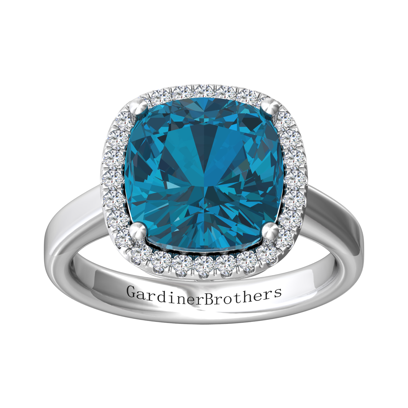 Nova cushion shaped London Blue Topaz ring with a halo of diamonds Gardiner Brothers