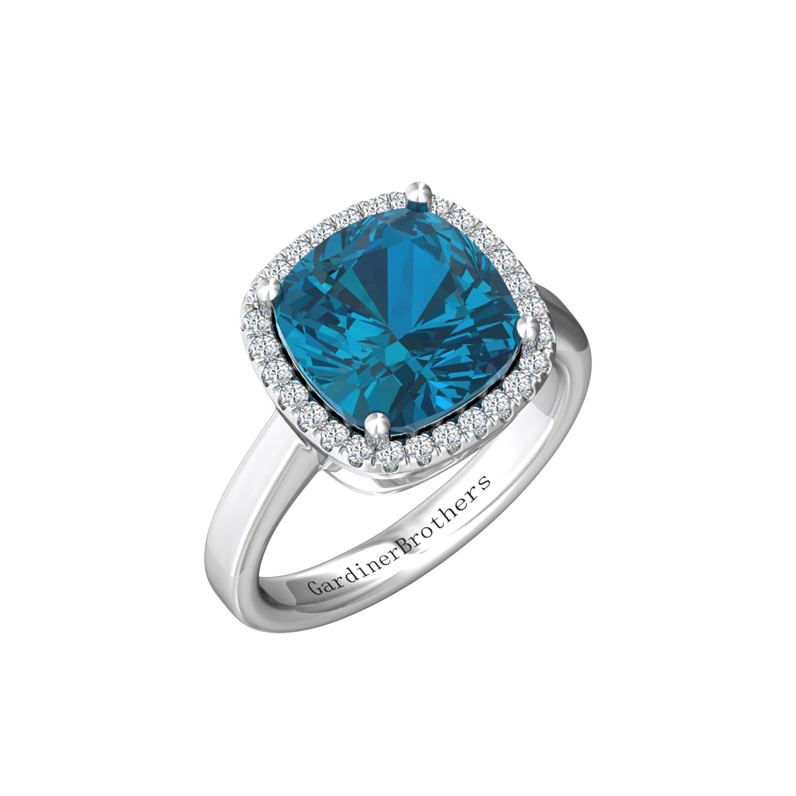 Nova cushion shaped London Blue Topaz ring with a halo of diamonds Gardiner Brothers White Gold