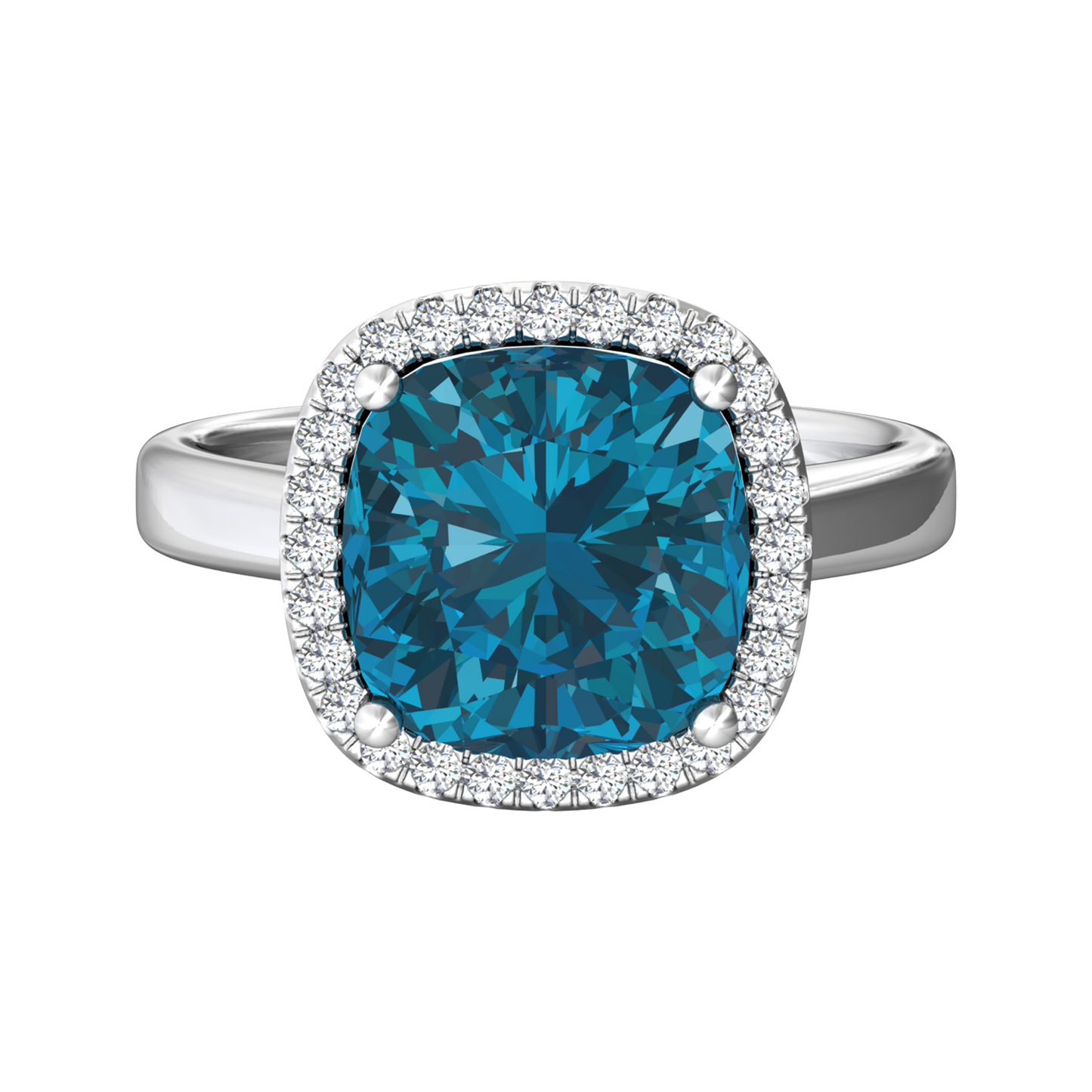Nova cushion shaped London Blue Topaz ring with a halo of diamonds Gardiner Brothers
