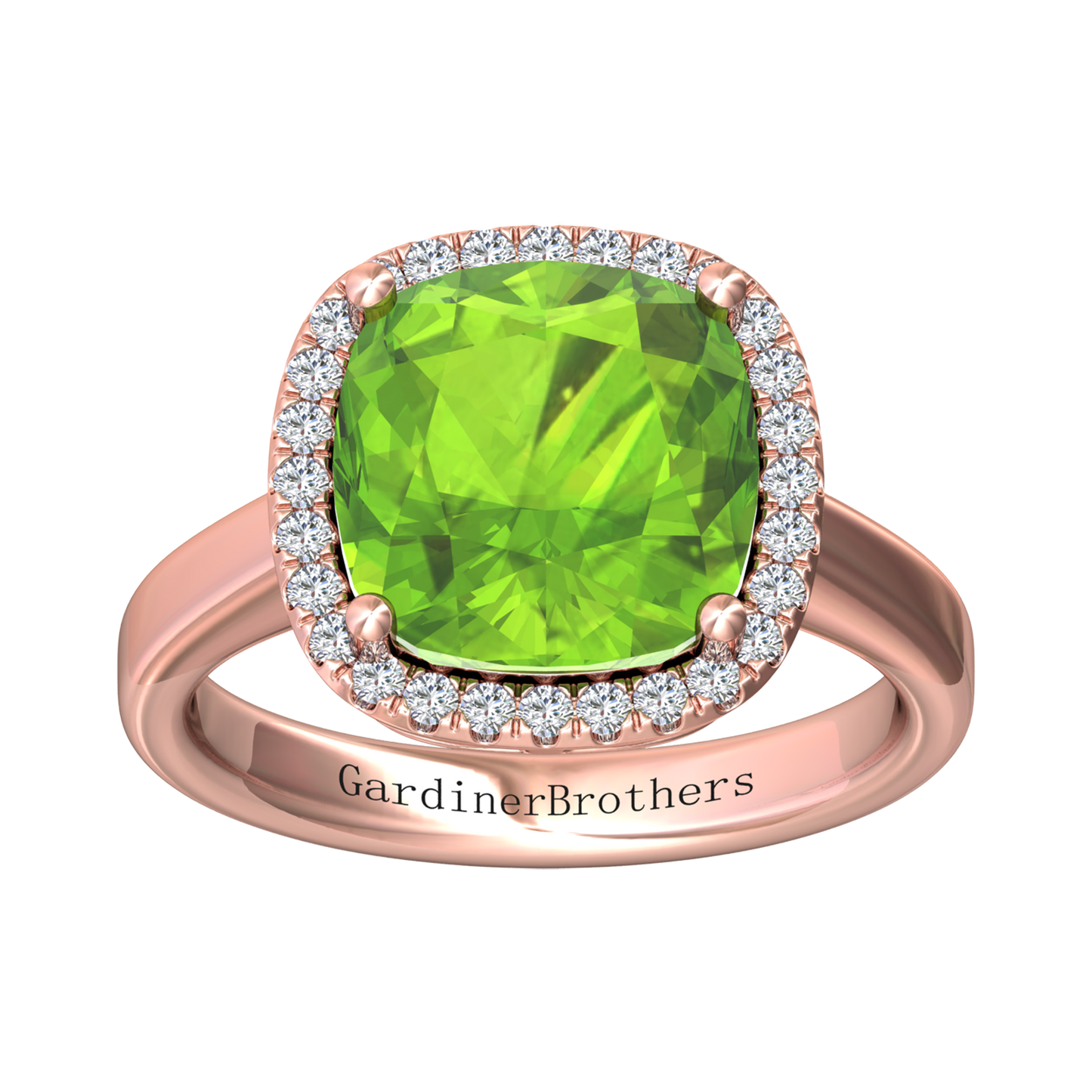 Nova cushion shaped Peridot ring with a halo of diamonds Gardiner Brothers