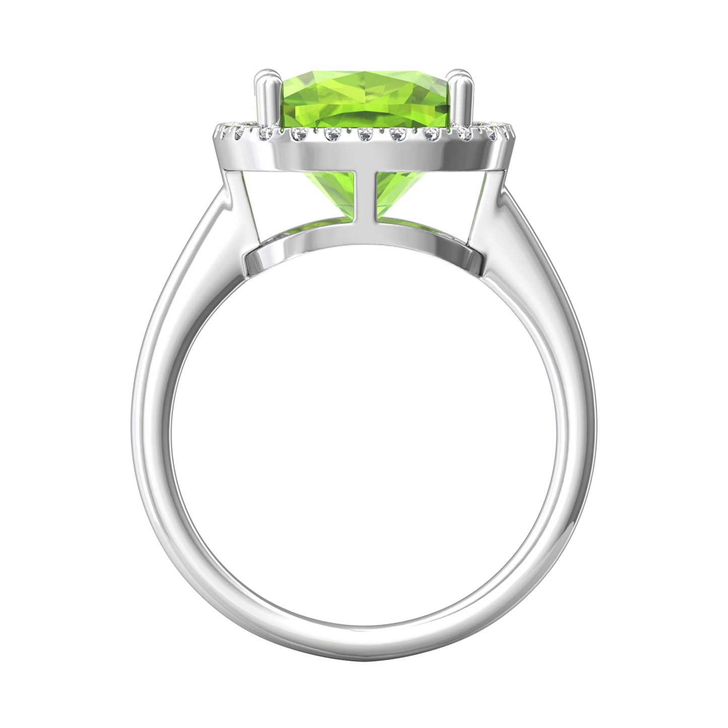 Nova cushion shaped Peridot ring with a halo of diamonds Gardiner Brothers
