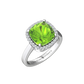 Nova cushion shaped Peridot ring with a halo of diamonds Gardiner Brothers White gold