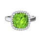 Nova cushion shaped Peridot ring with a halo of diamonds Gardiner Brothers