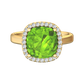 Nova cushion shaped Peridot ring with a halo of diamonds Gardiner Brothers