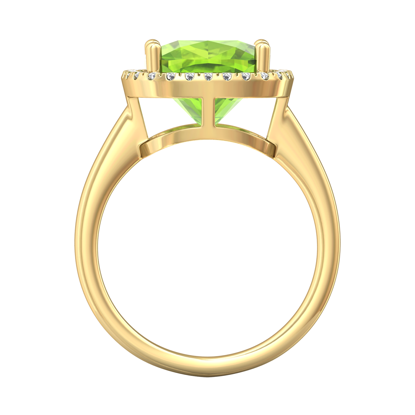 Nova cushion shaped Peridot ring with a halo of diamonds Gardiner Brothers