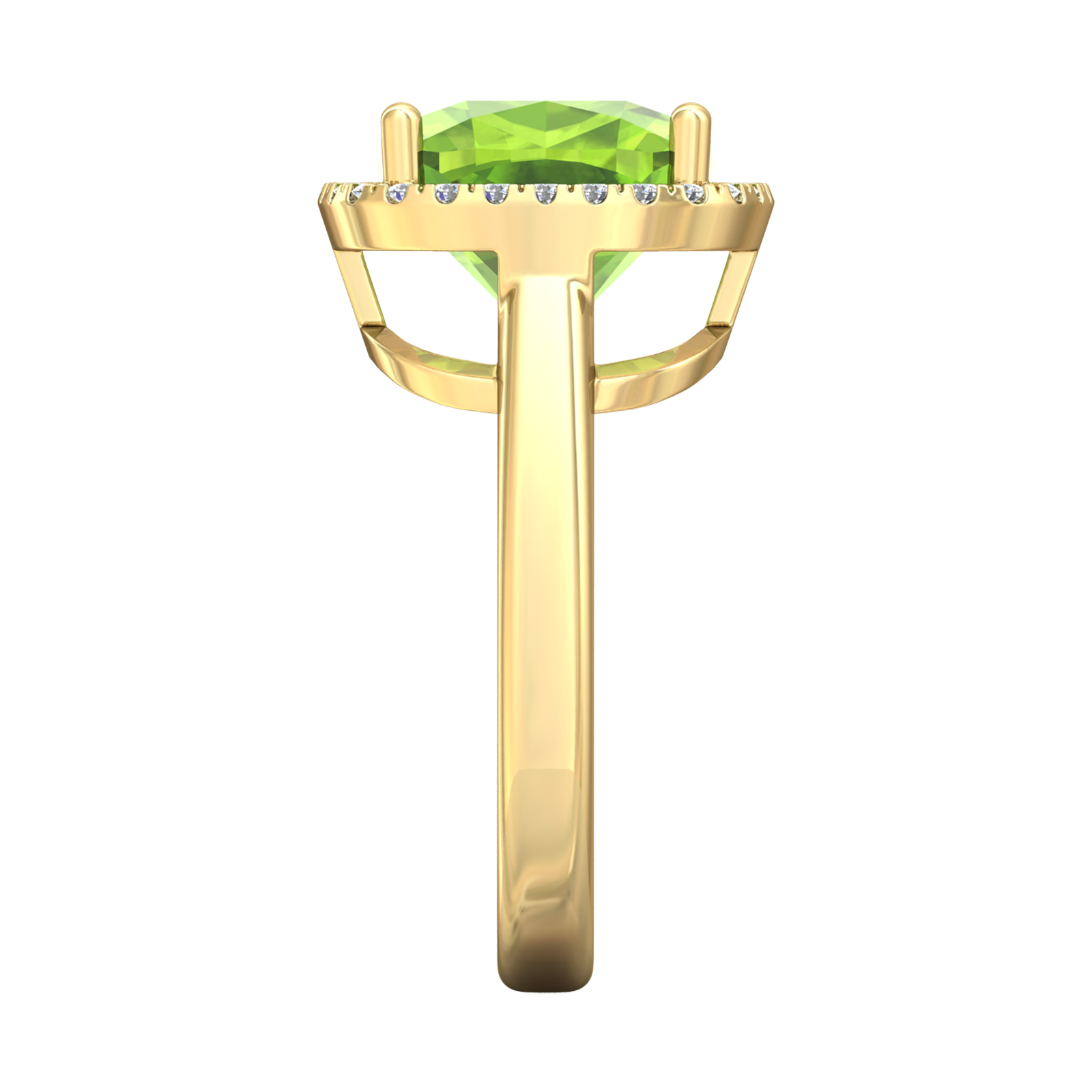 Nova cushion shaped Peridot ring with a halo of diamonds Gardiner Brothers