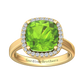Nova cushion shaped Peridot ring with a halo of diamonds Gardiner Brothers