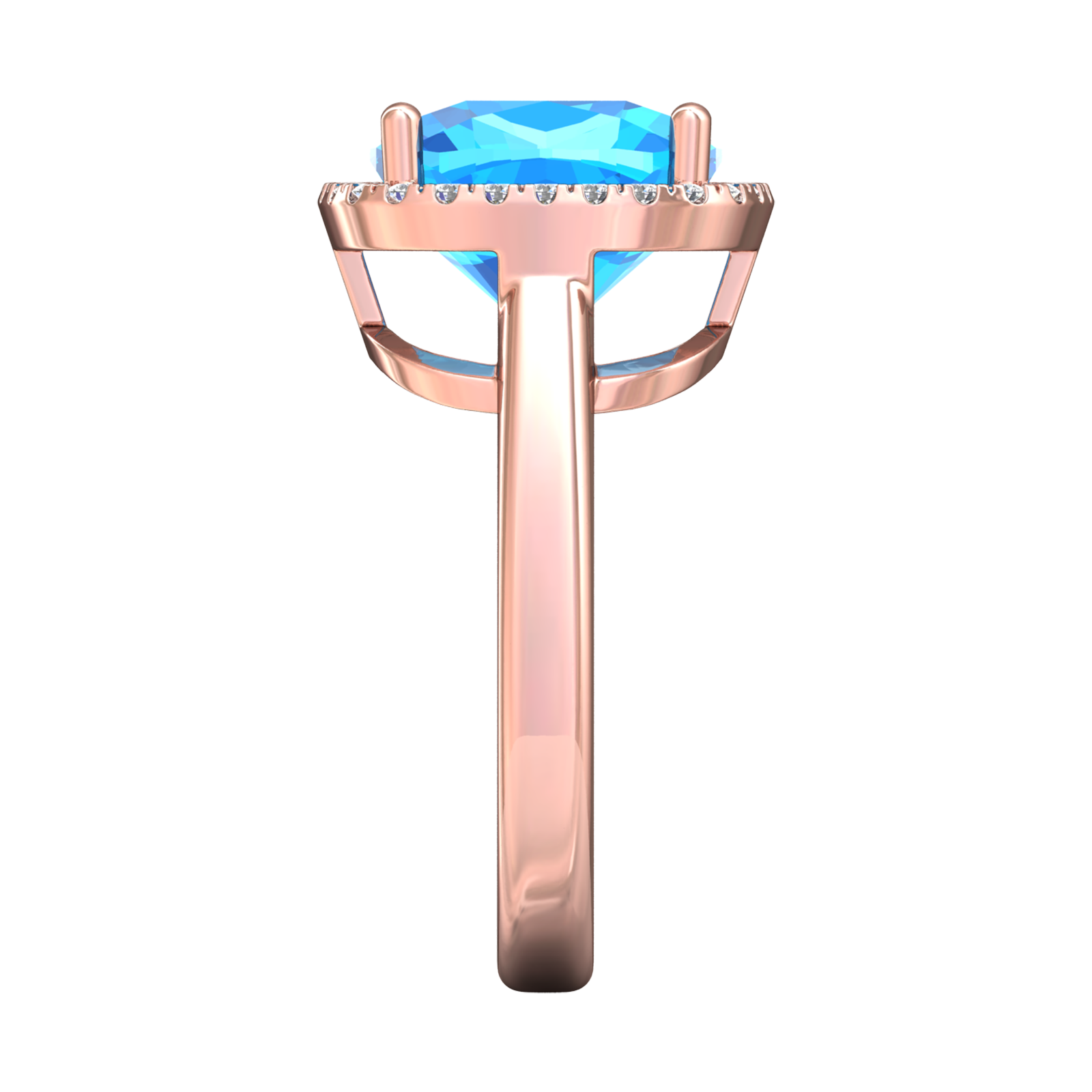 Nova cushion shaped Swiss Blue Topaz ring with a halo of diamonds Gardiner Brothers