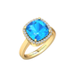Nova cushion shaped Swiss Blue Topaz ring with a halo of diamonds Gardiner Brothers Yellow Gold