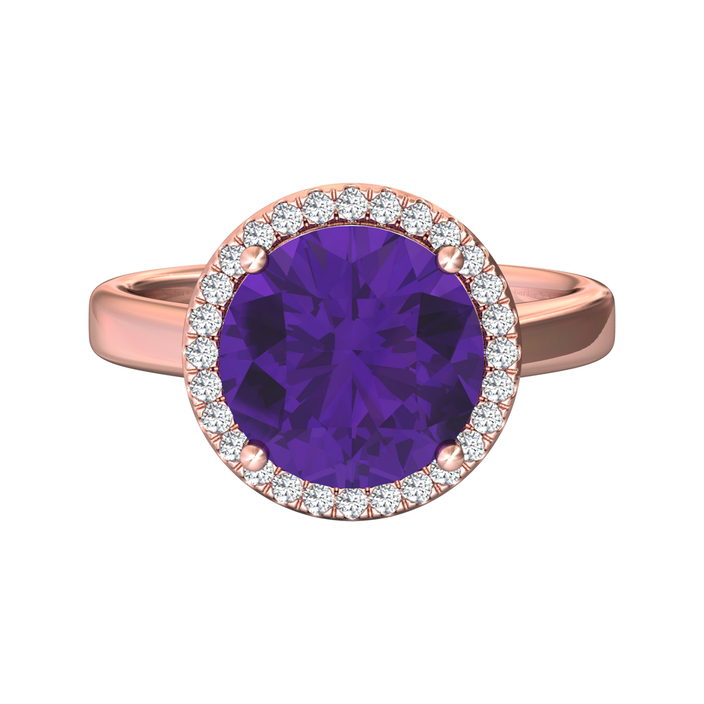 Nova round Amethyst ring with a halo of diamonds Gardiner Brothers