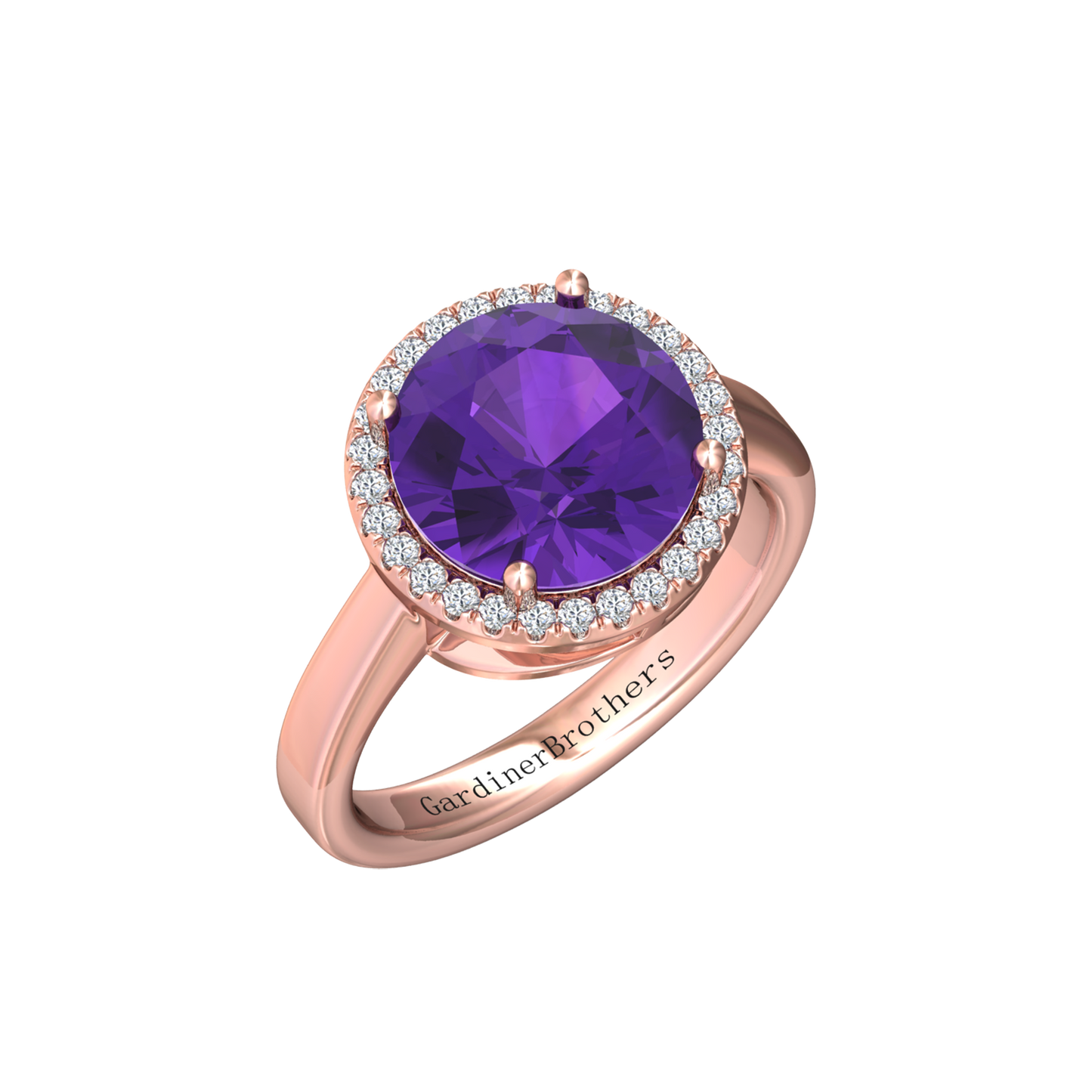Nova round Amethyst ring with a halo of diamonds Gardiner Brothers Rose Gold