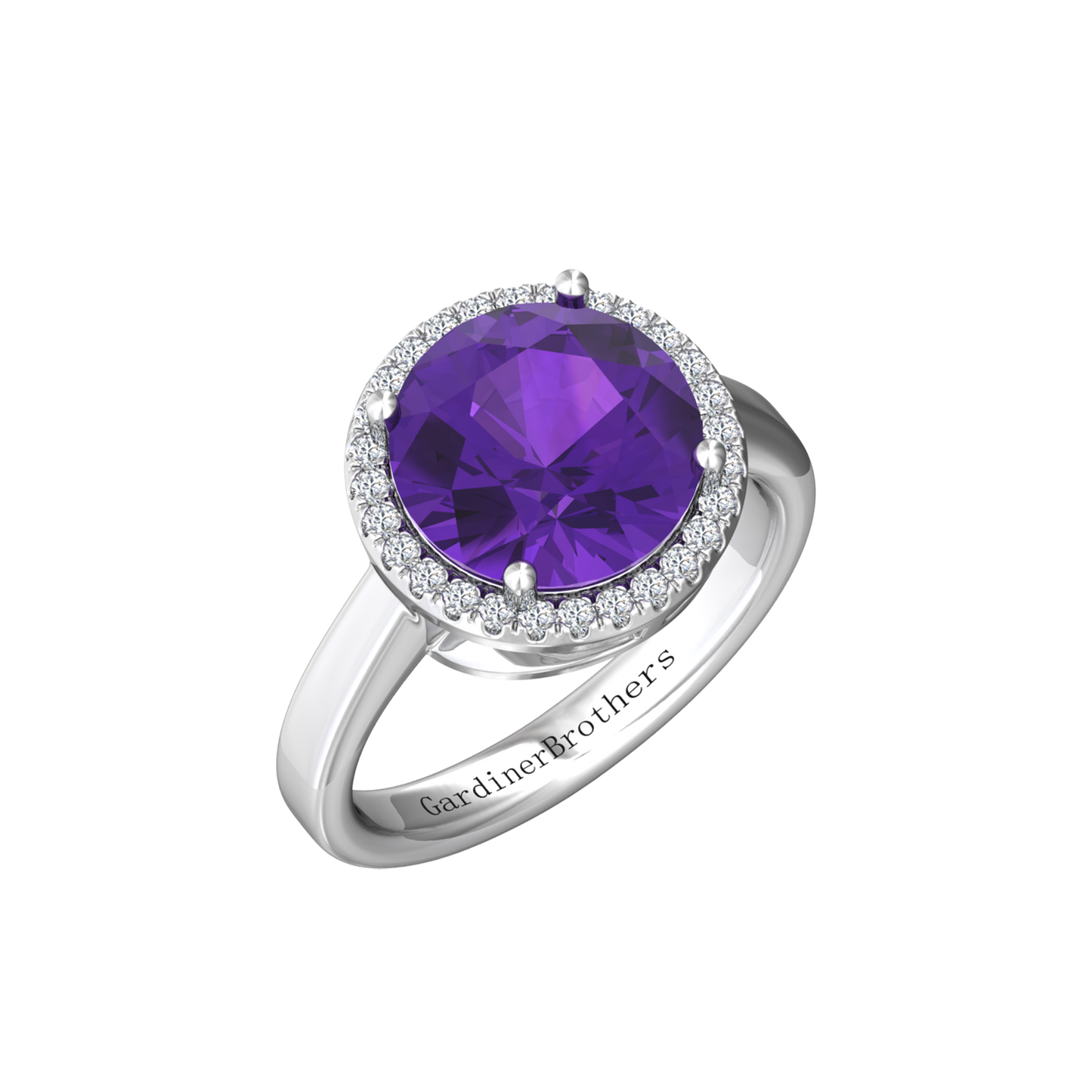 Nova round Amethyst ring with a halo of diamonds Gardiner Brothers White Gold