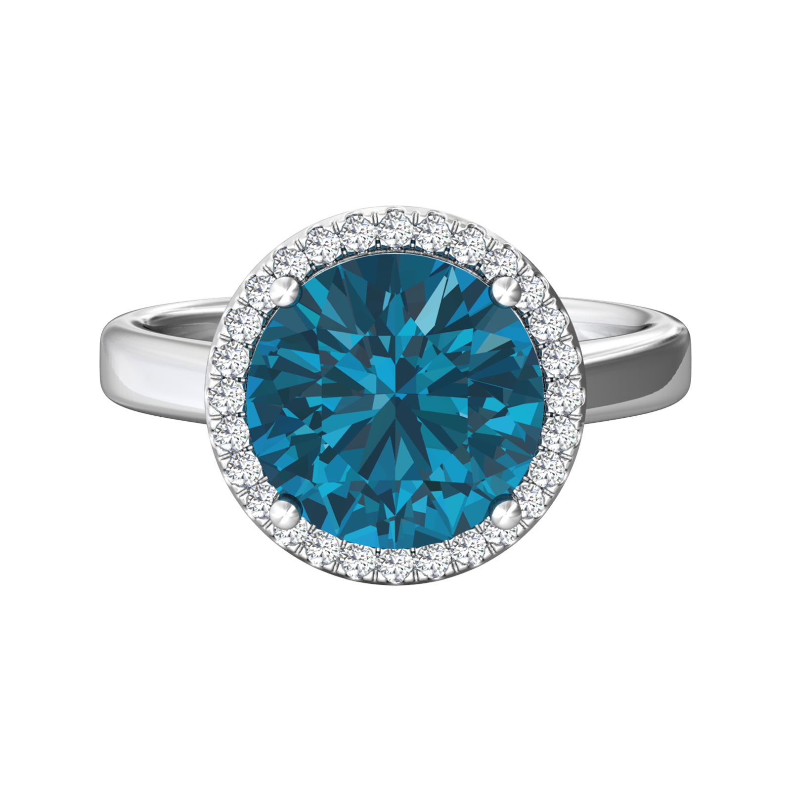 Nova round London Blue Topaz ring with a halo of diamonds Gardiner Brothers