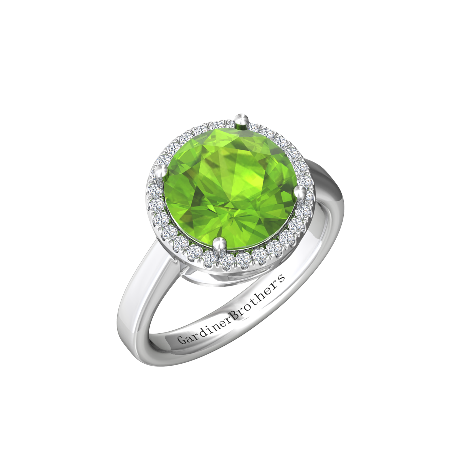 Nova round Peridot ring with a halo of diamonds Gardiner Brothers White Gold