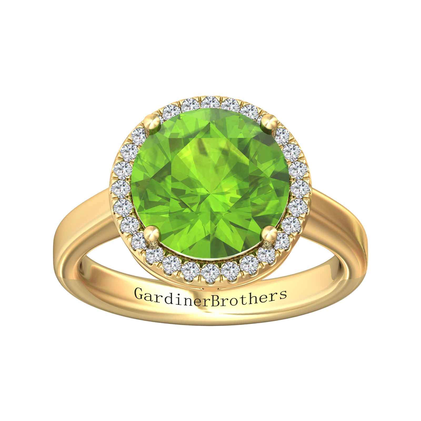 Nova round Peridot ring with a halo of diamonds Gardiner Brothers
