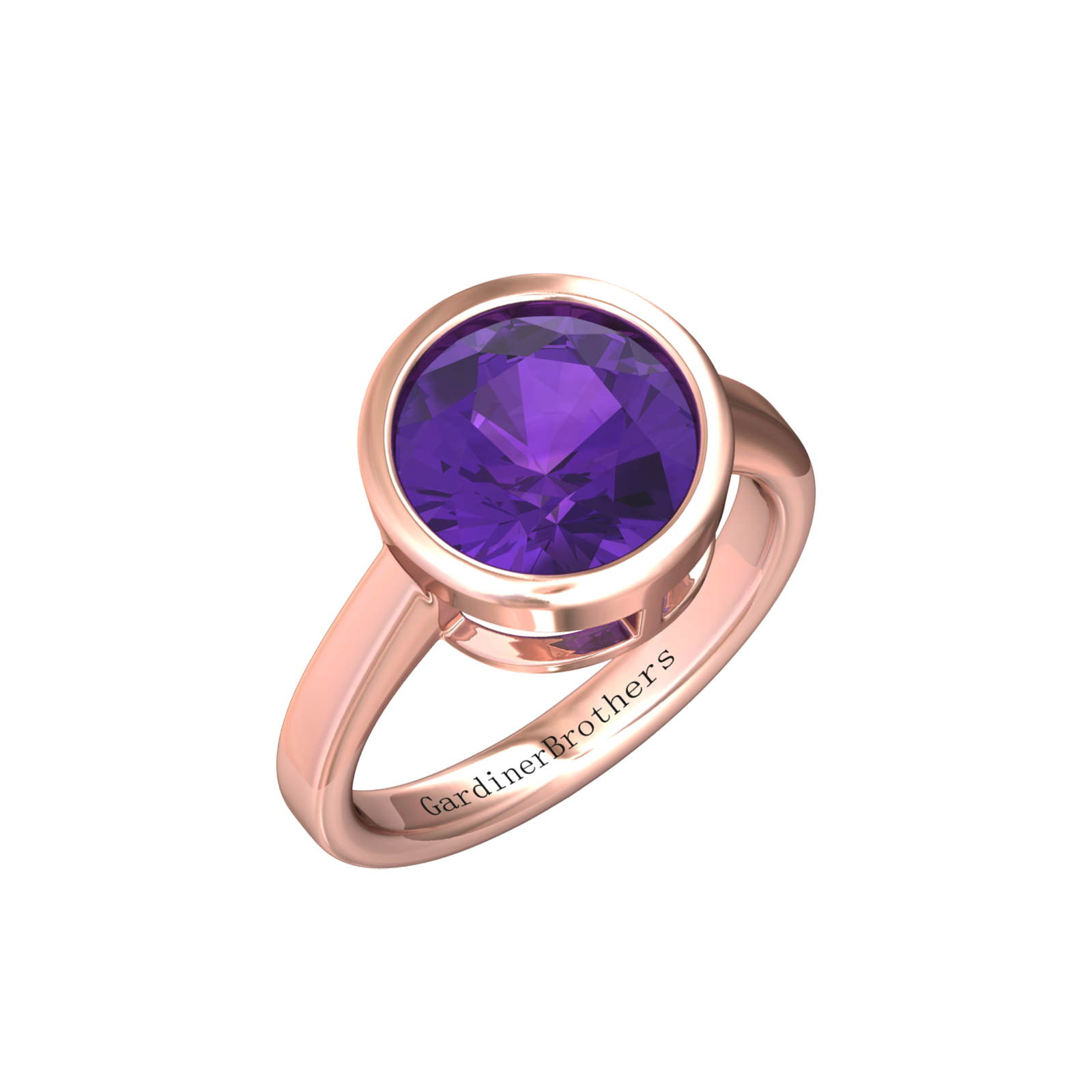 Nova round Amethyst ring set in a plain bezel setting Gardiner Brothers Rose Gold