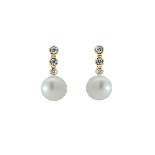 Yellow Gold 3 Diamond Pearl Drop Earrings Gardiner Brothers