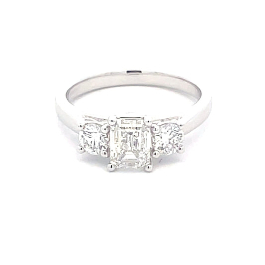 Platinum Emerald and round brilliant cut diamond 3 stone ring - 1.50cts Gardiner Brothers