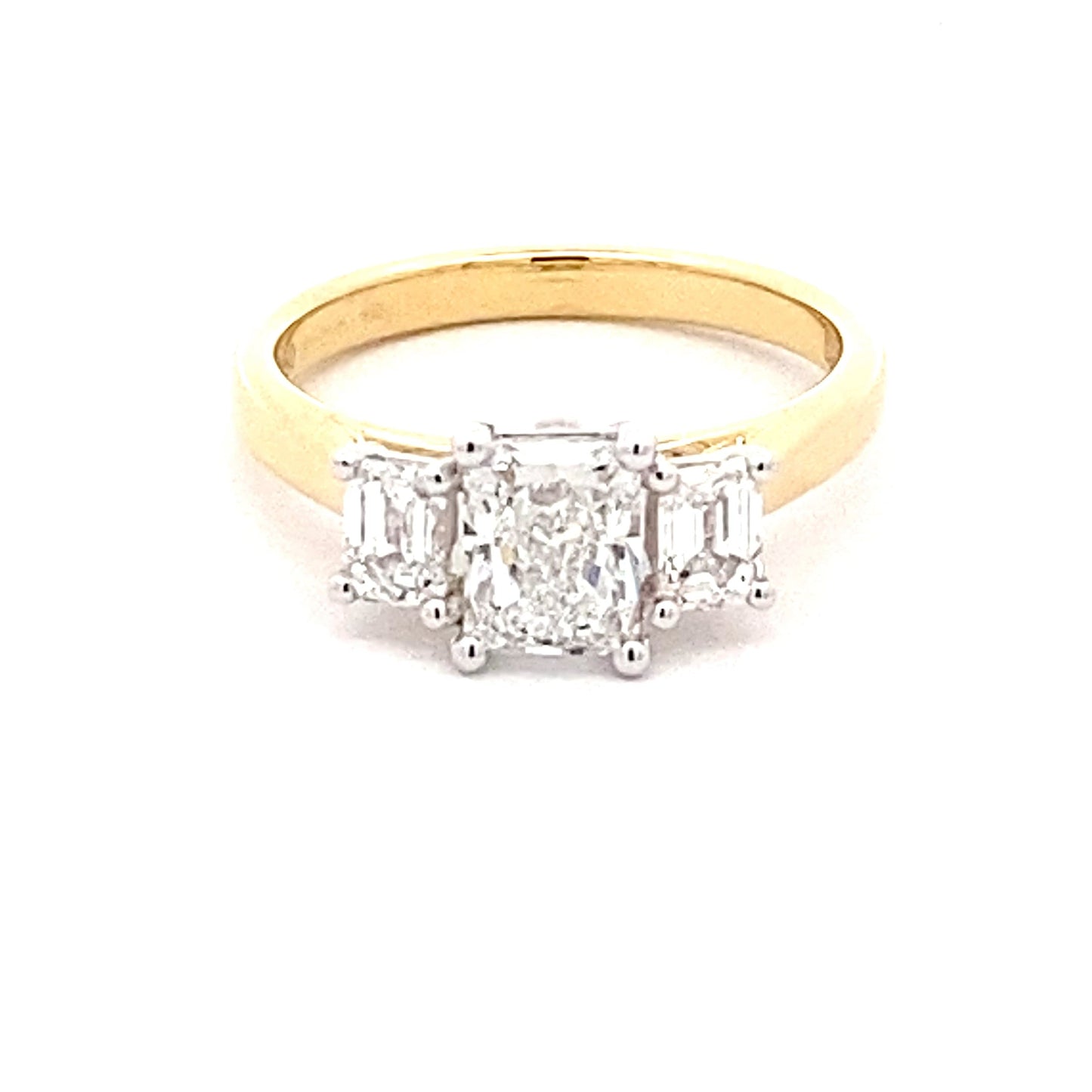 Yellow Gold Radiant and emerald cut diamond 3 stone ring - 1.61cts Gardiner Brothers
