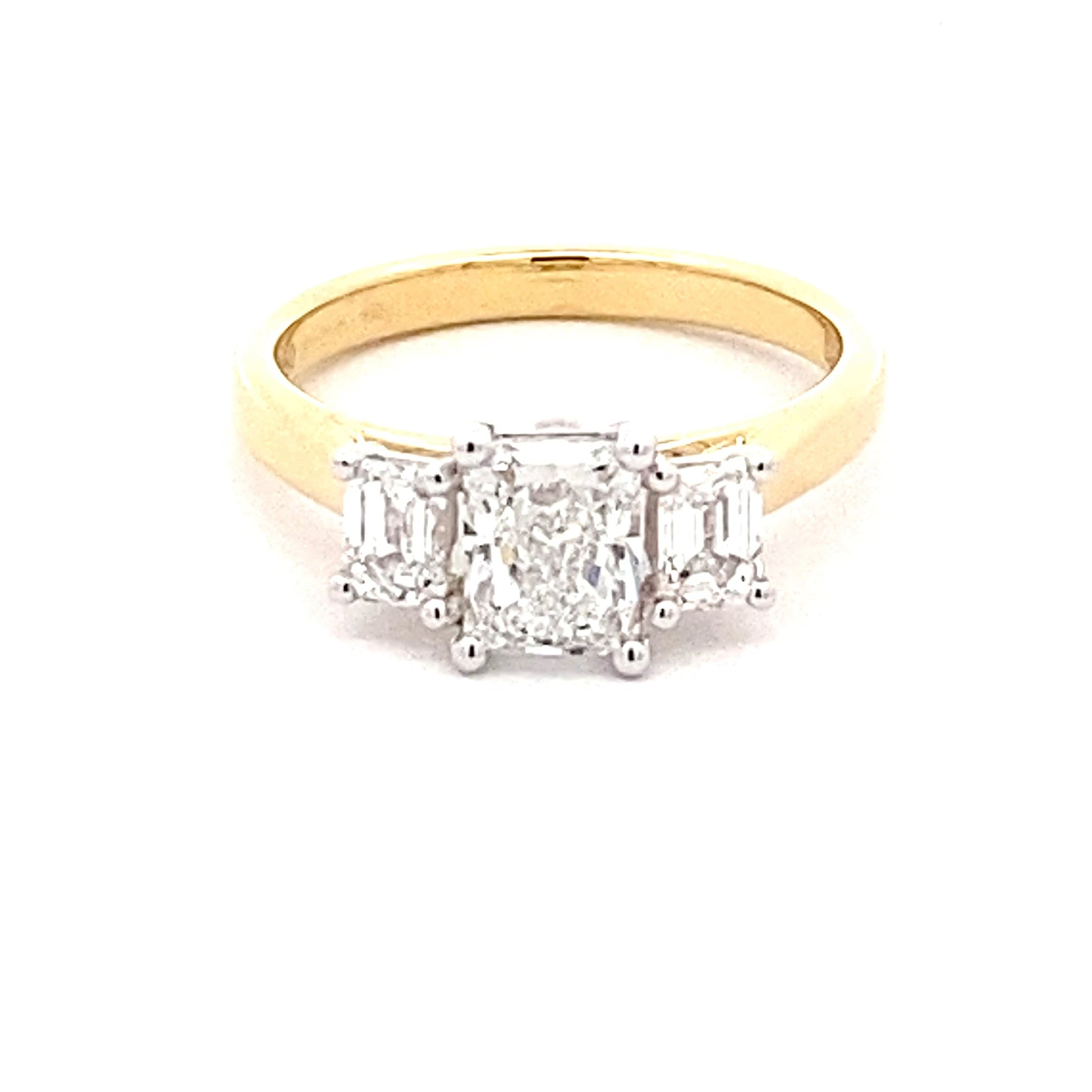 Yellow Gold Radiant and emerald cut diamond 3 stone ring - 1.61cts Gardiner Brothers