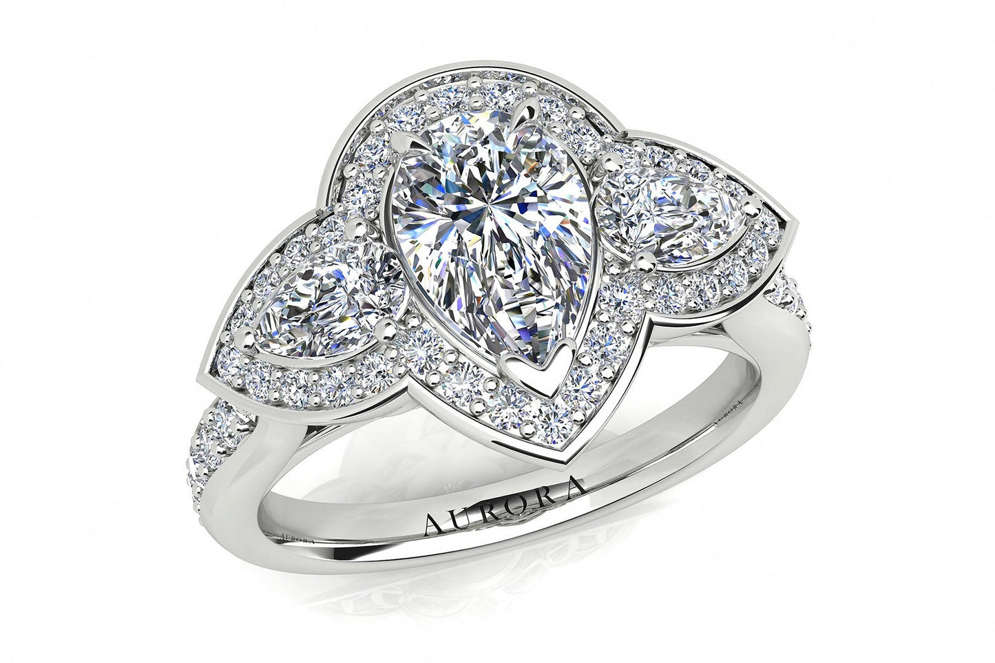 Pear Shape Aurora Diamond 3 Stone Halo Ring  Gardiner Brothers