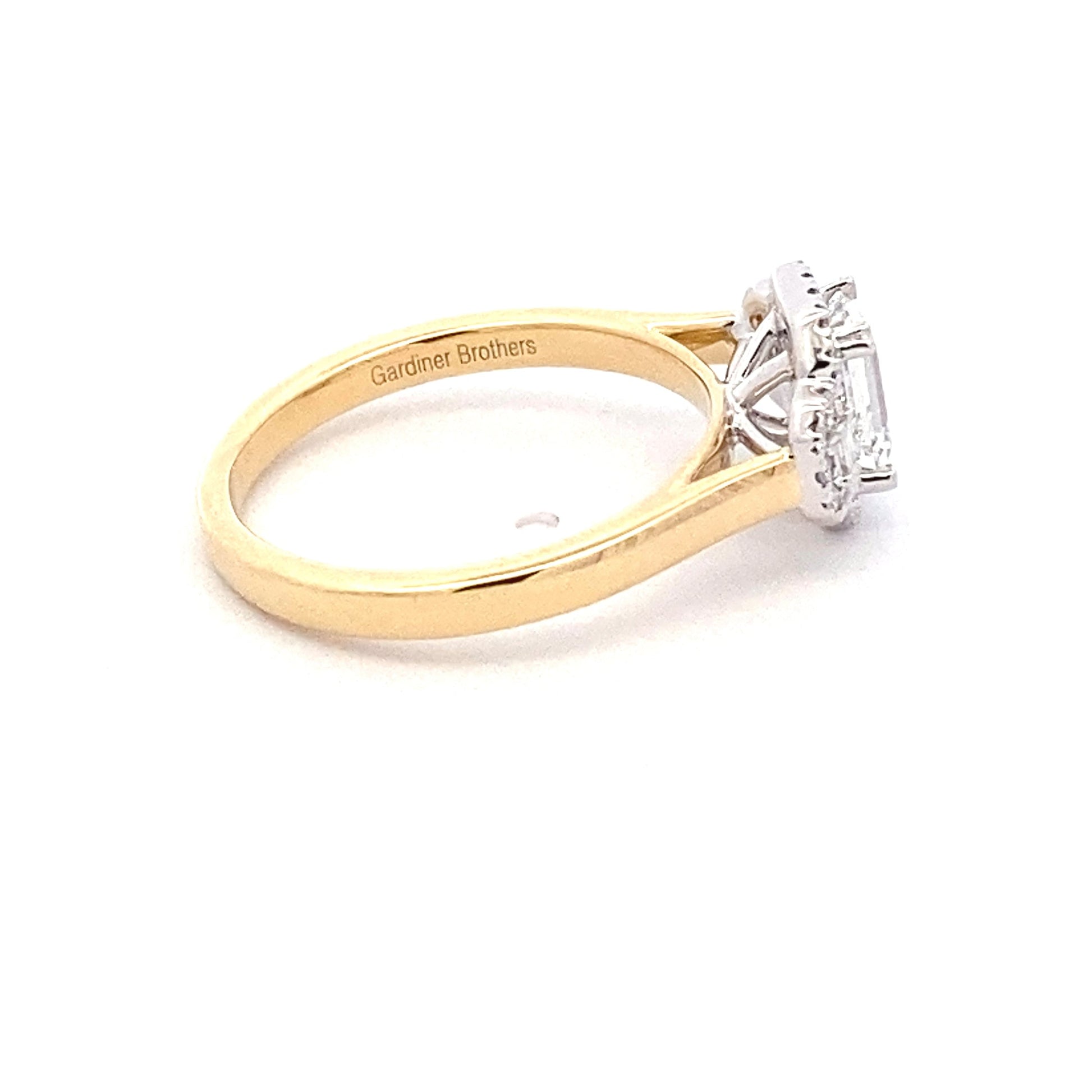 Yellow Gold Emerald Cut Diamond 3 Stone Halo Cluster Style Ring - 0.98cts Gardiner Brothers