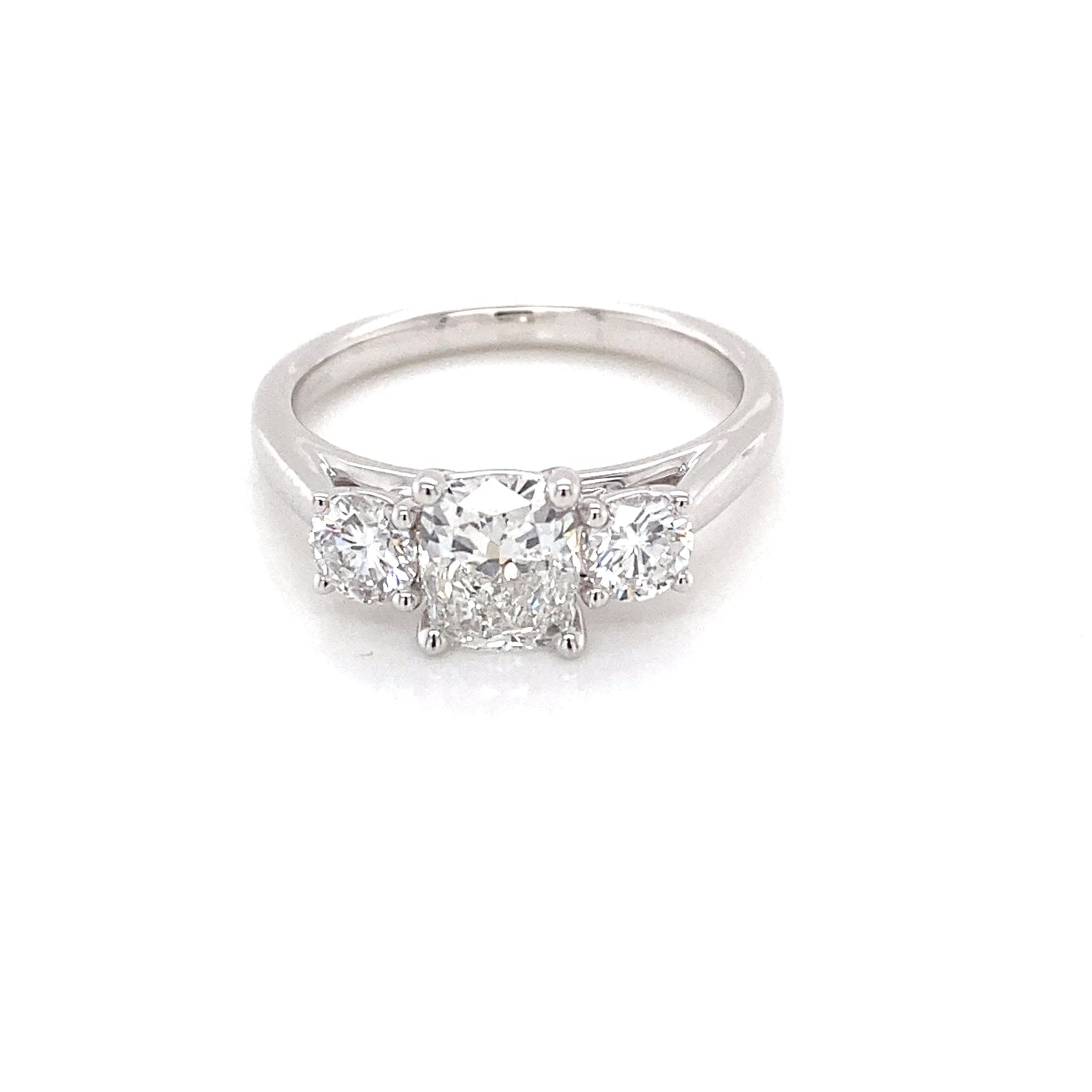 Platinum Cushion and round brilliant cut diamond 3 stone ring - 1.52cts Gardiner Brothers