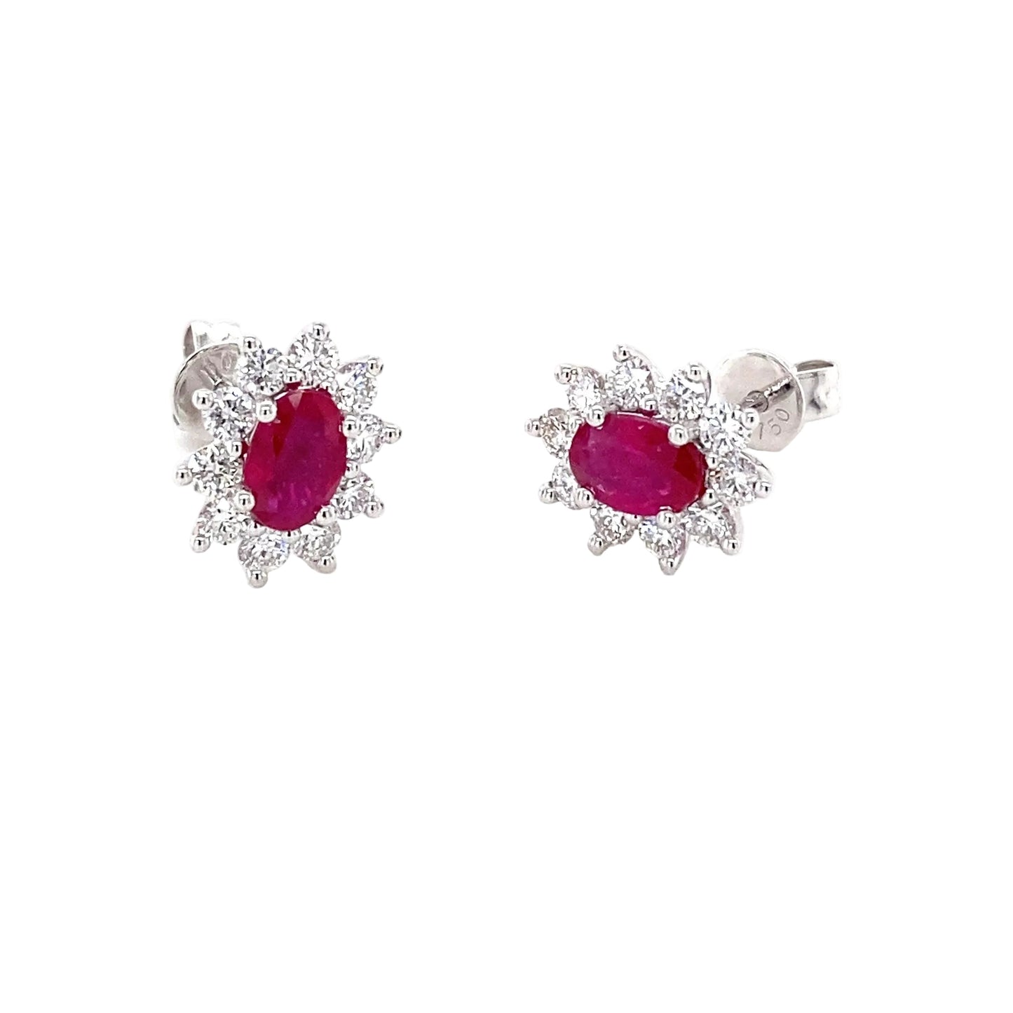 Oval Ruby and round brilliant cut diamond cluster style earrings  Gardiner Brothers   