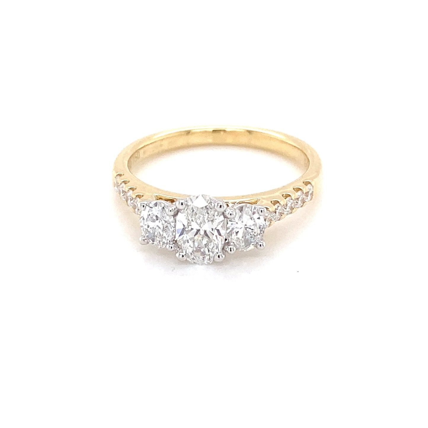 Yellow Gold Oval Shaped Diamond 3 Stone Ring with Diamond set shoulders - 1.11cts Gardiner Brothers