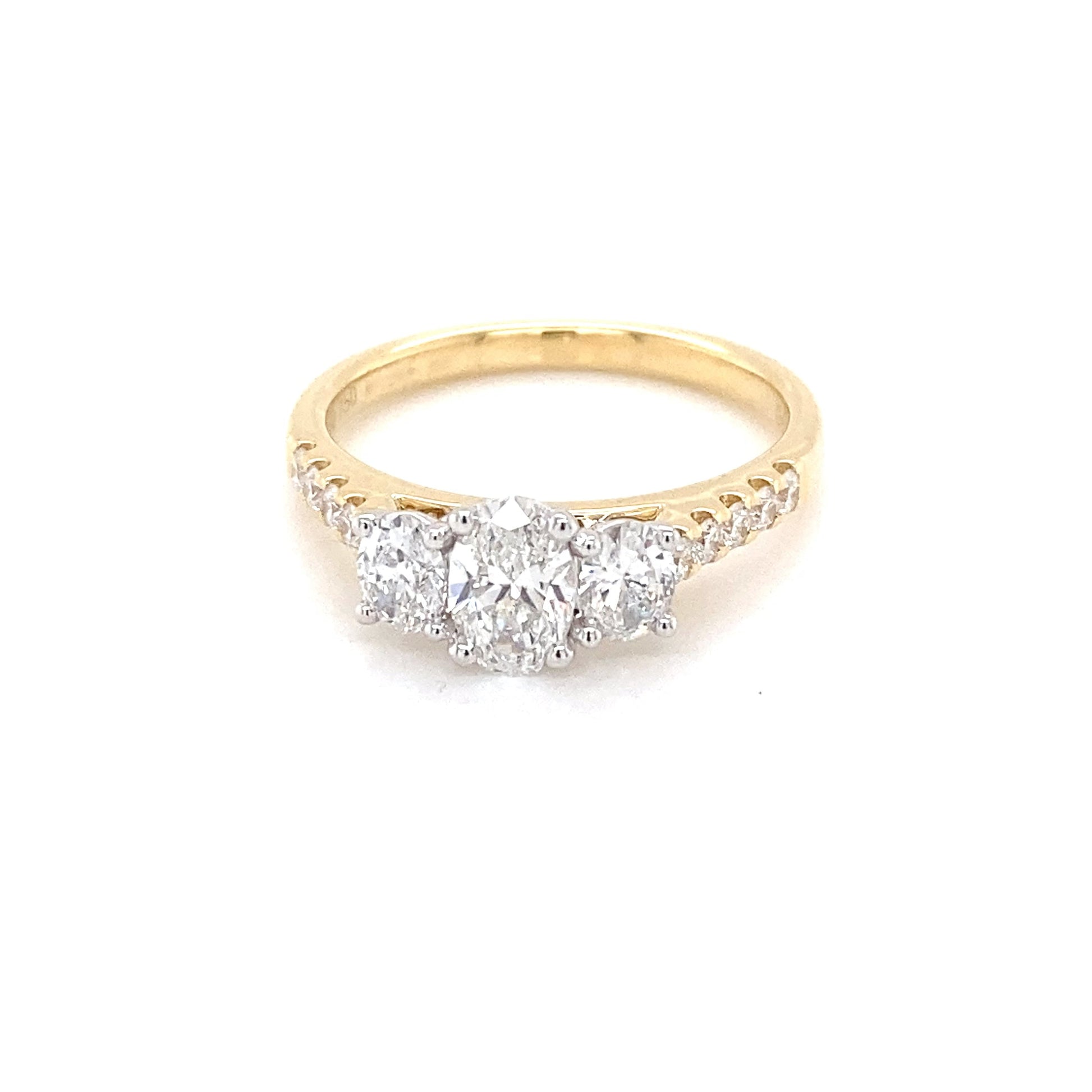 Yellow Gold Oval Shaped Diamond 3 Stone Ring with Diamond set shoulders - 1.11cts Gardiner Brothers