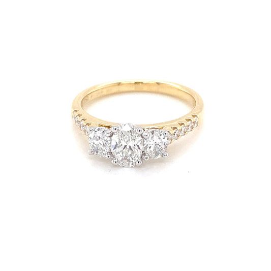 Yellow Gold Oval Shaped Diamond 3 Stone Ring with Diamond set shoulders - 1.11cts Gardiner Brothers