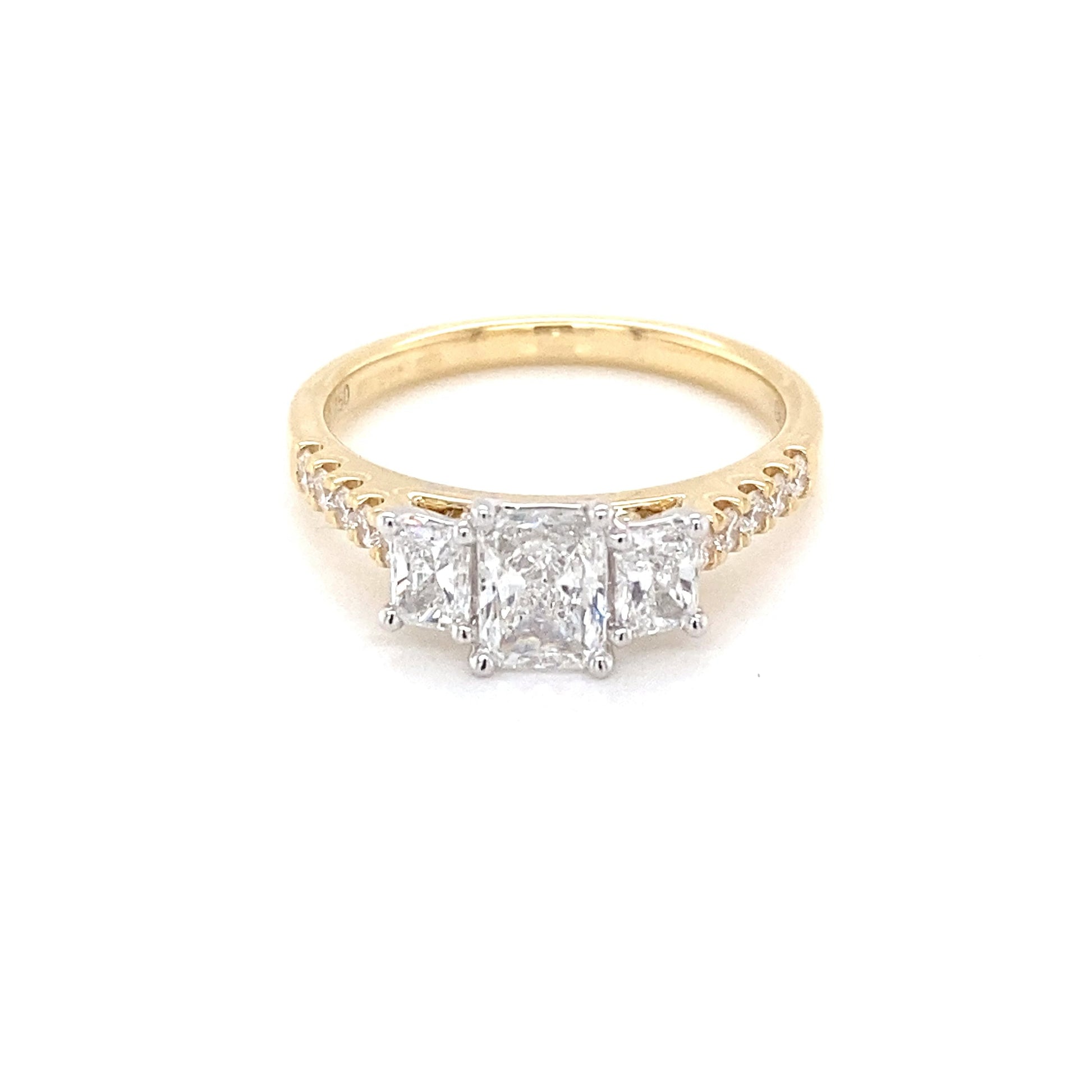 Yellow Gold Radiant Cut Diamond 3 Stone Ring with diamond set shoulders - 1.10cts Gardiner Brothers