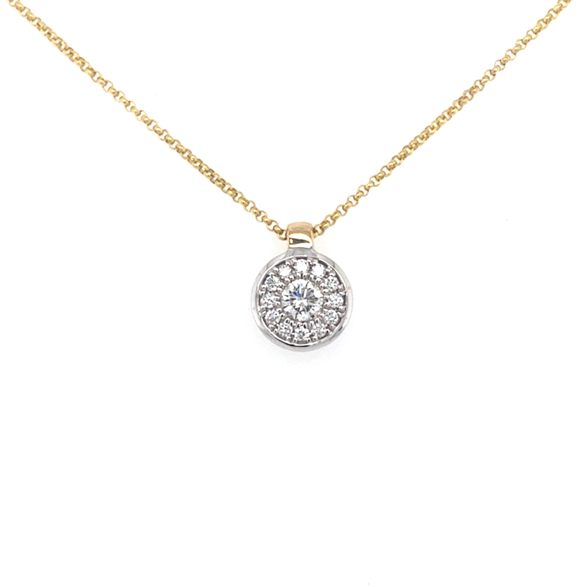 yellow and white gold Round Brilliant Cut Diamond Halo style pendant  Gardiner Brothers   