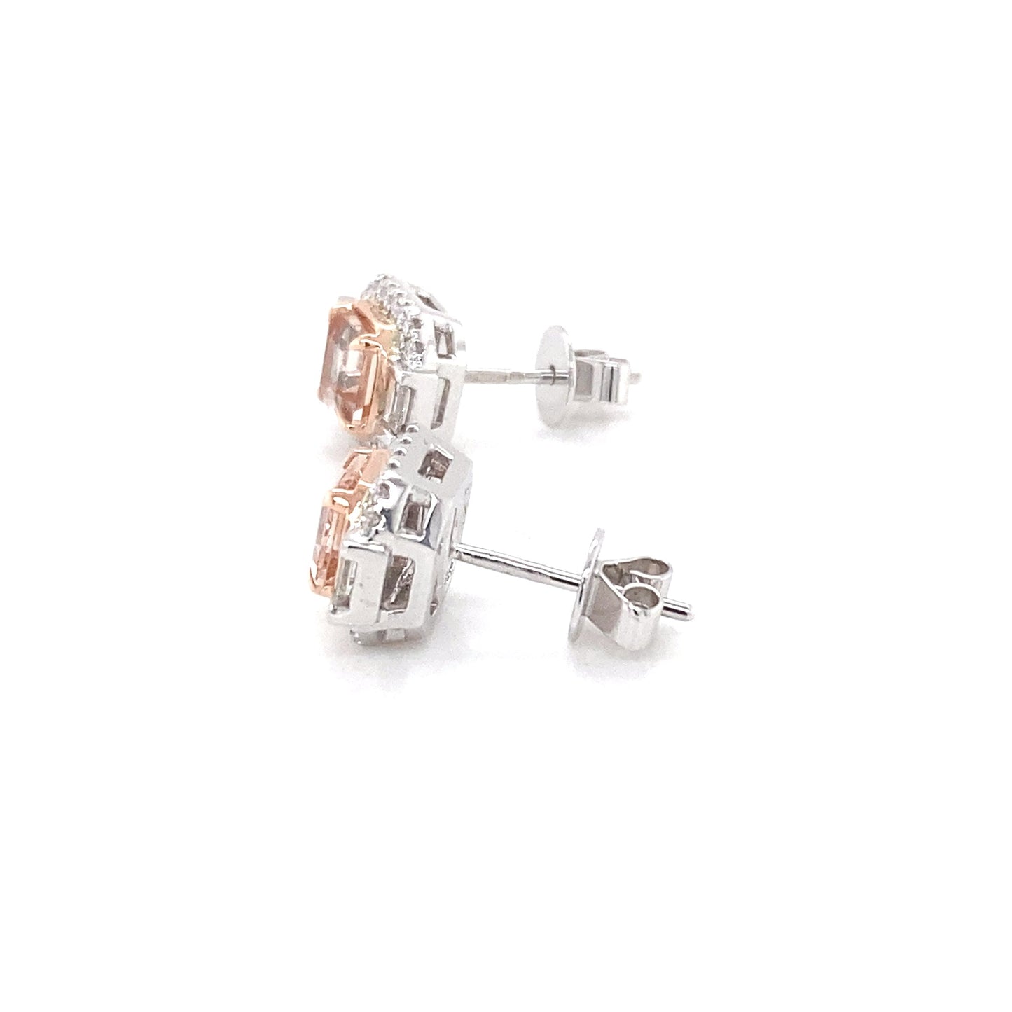 Morganite and diamond halo cluster style earrings Gardiner Brothers