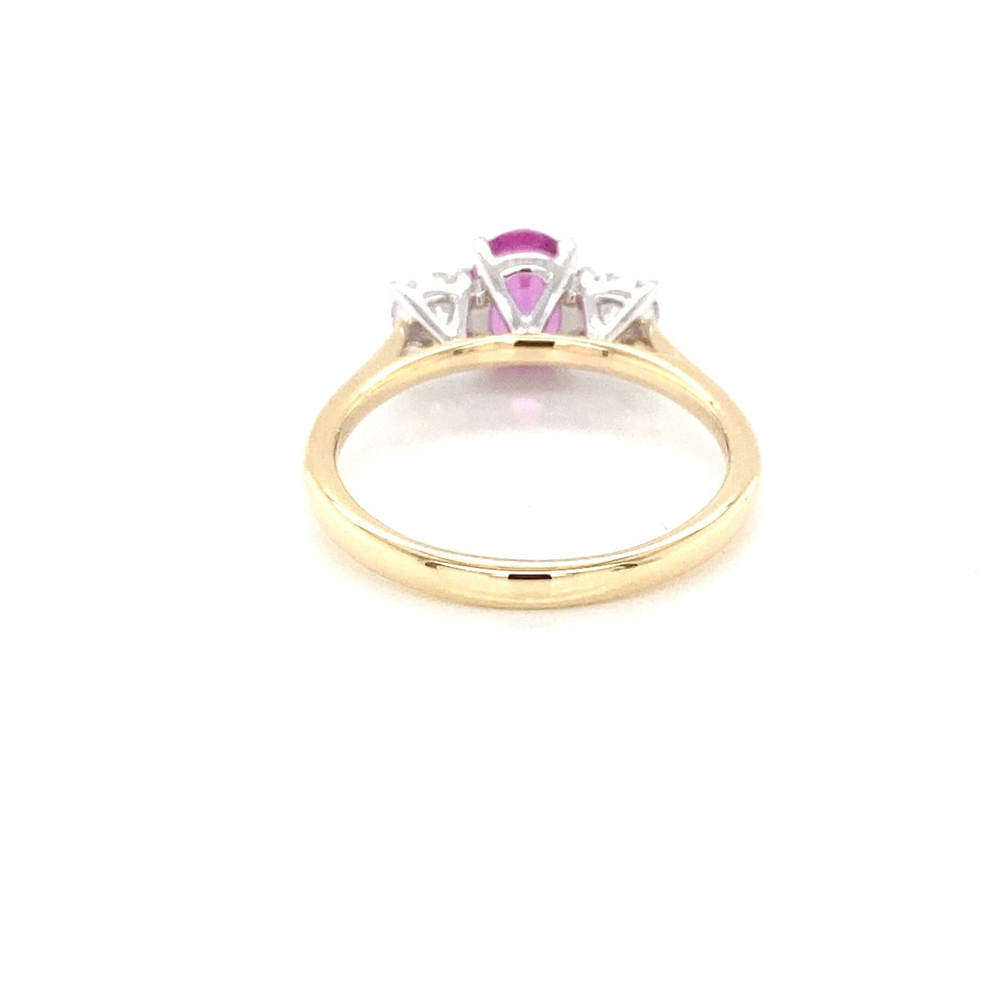 Oval Shaped Pink Sapphire and Round Brilliant Cut Diamond 3 Stone Ring Gardiner Brothers