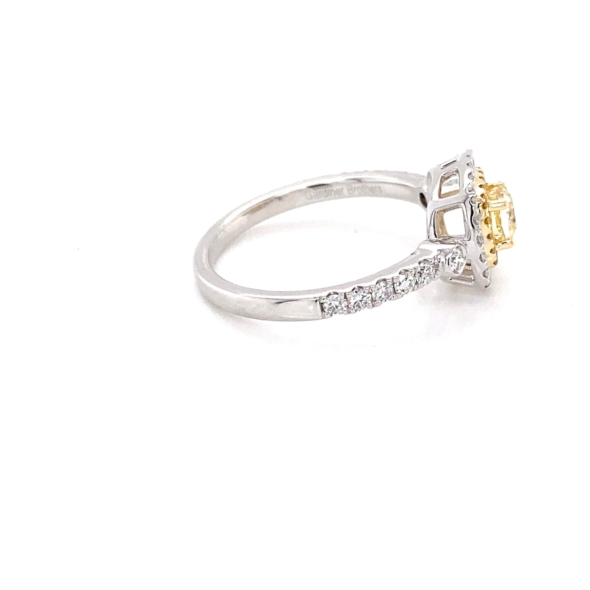 Platinum Cushion Shaped Yellow Diamond Halo Cluster Style Ring Gardiner Brothers
