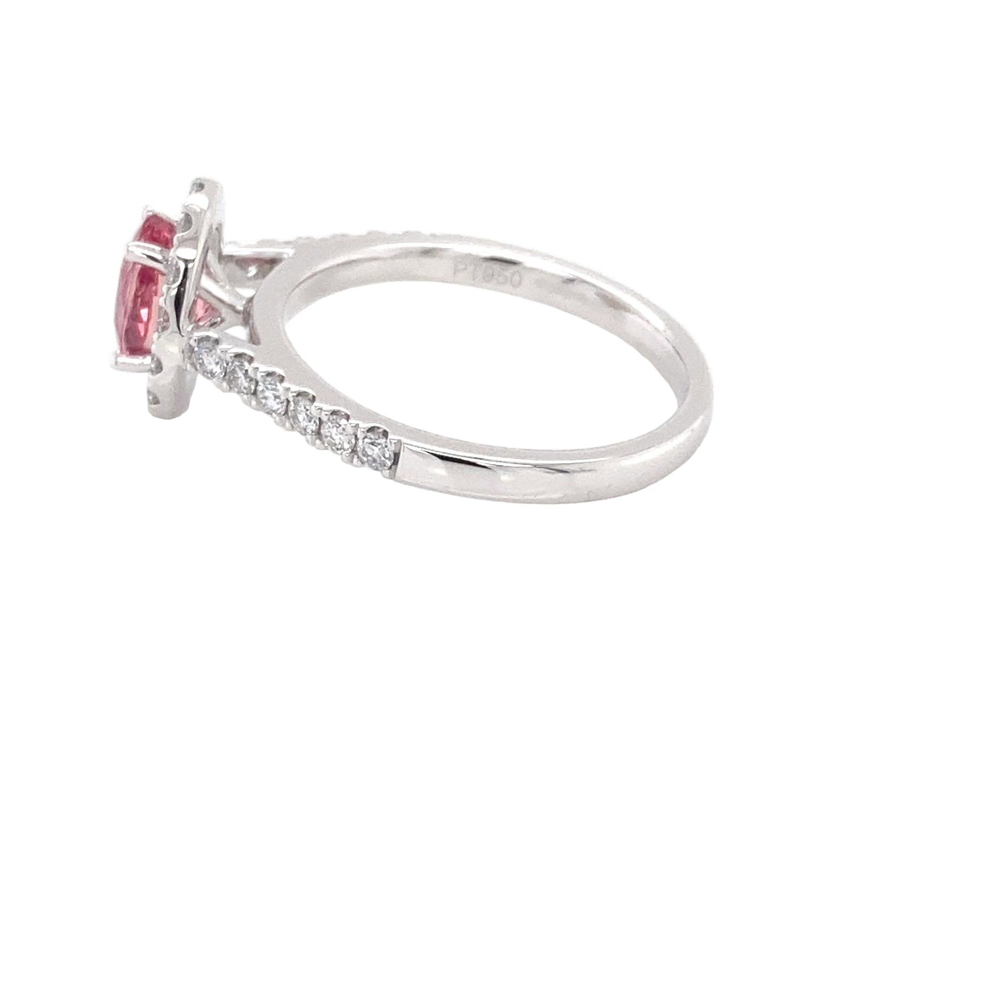 Padparadscha Sapphire and Diamond halo cluster style ring Gardiner Brothers