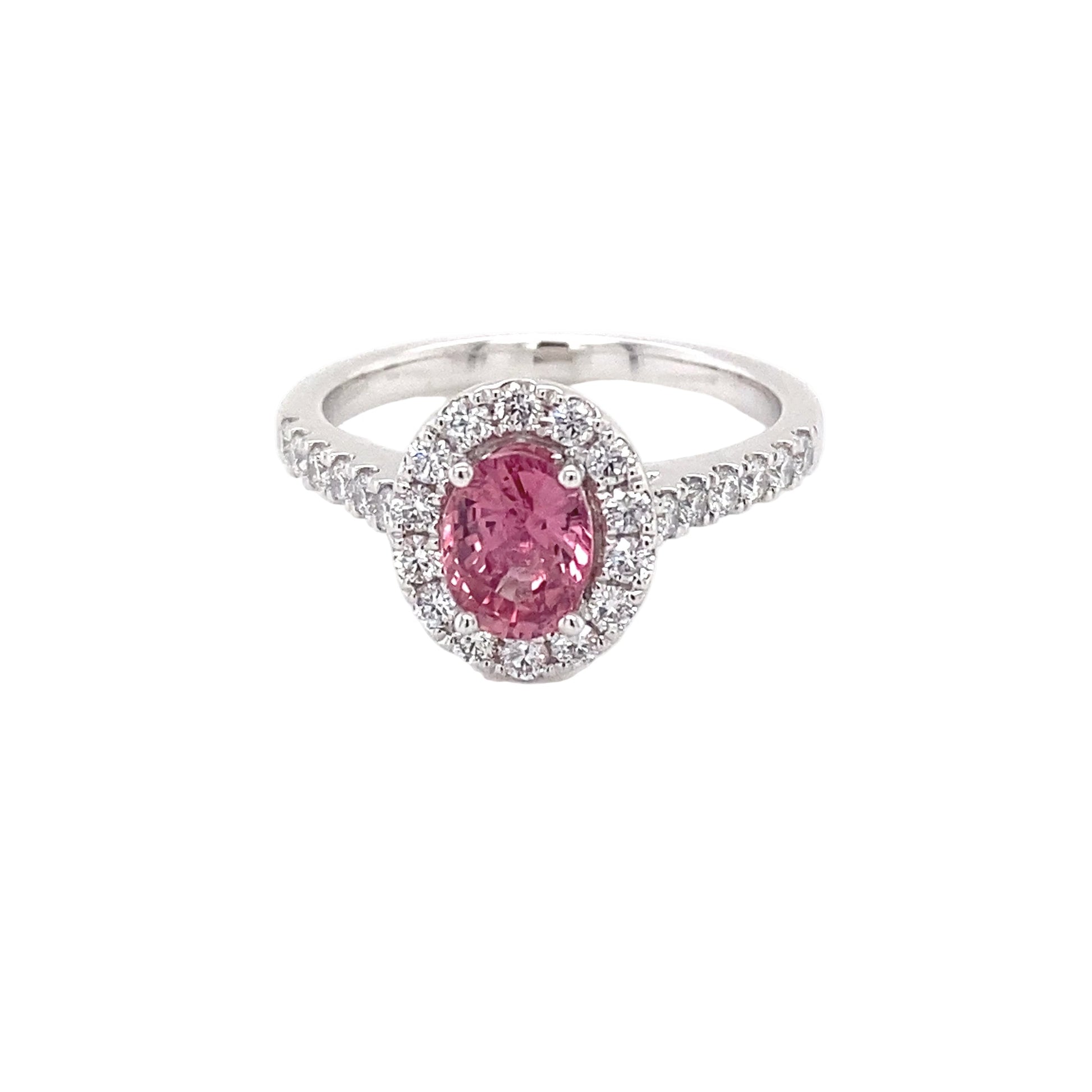 Padparadscha Sapphire and Diamond halo cluster style ring Gardiner Brothers