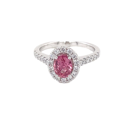Padparadscha Sapphire and Diamond halo cluster style ring Gardiner Brothers
