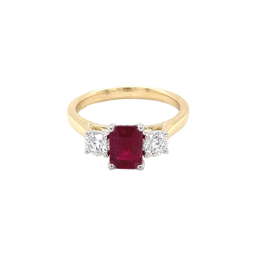 Octagonal Ruby and round brilliant cut diamond 3 stone ring Gardiner Brothers