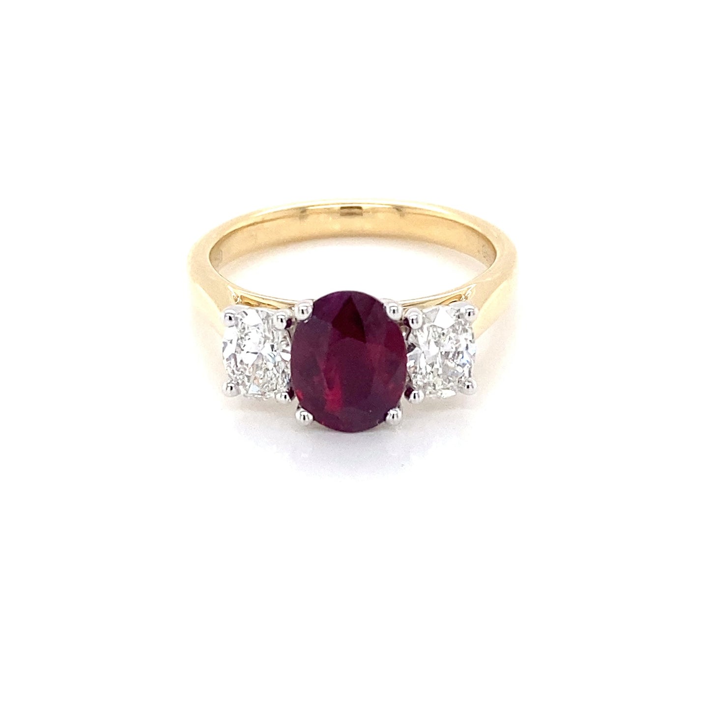 Oval Shaped Ruby and Oval diamond 3 stone ring Gardiner Brothers